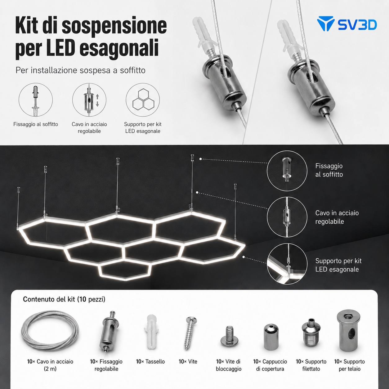 Kit di Sospensione Regolabile per LED Esagonali – 10 Pezzi per Installazione a Soffitto